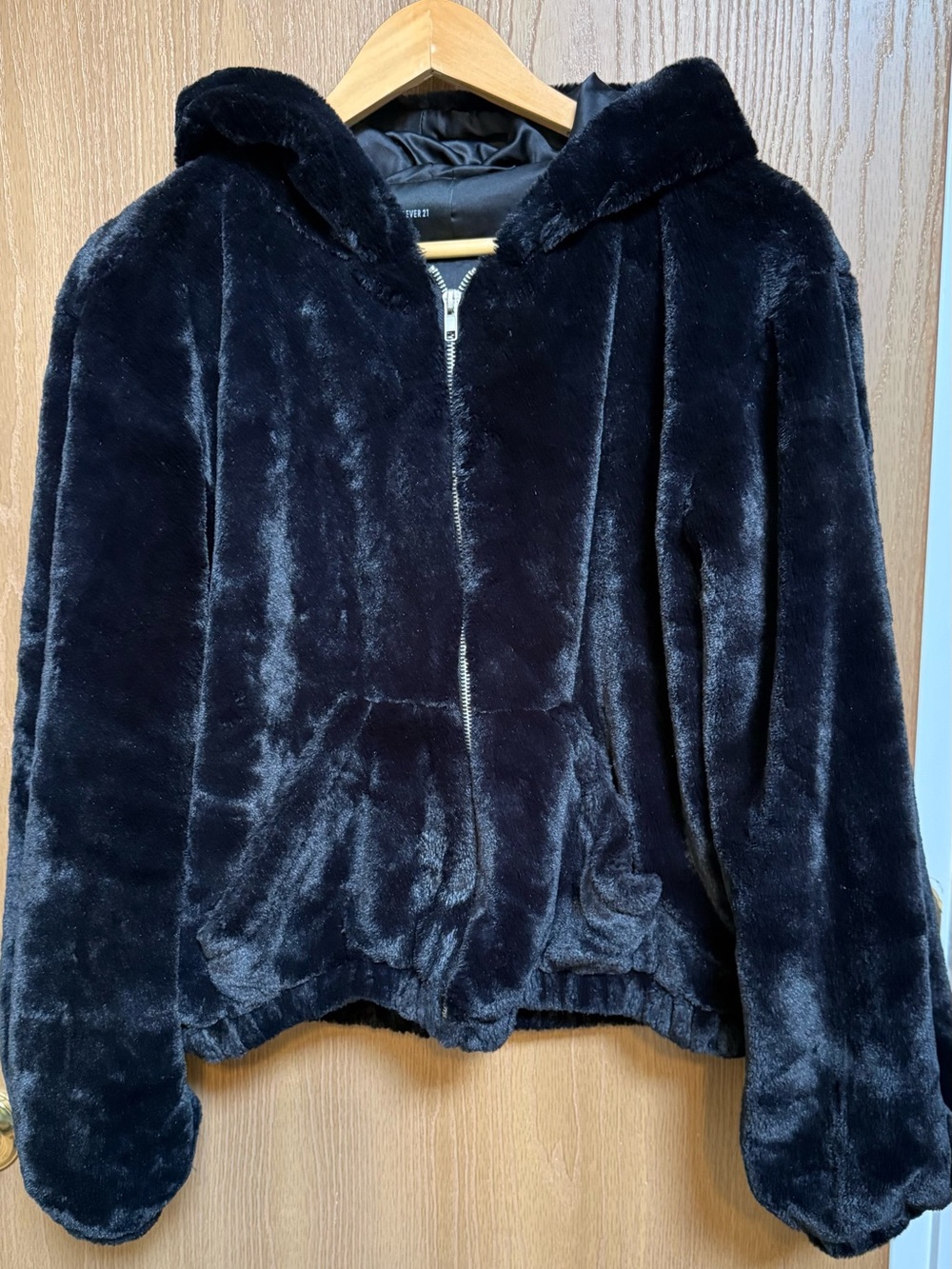 Forever 21 Black Faux Fur Hooded Zip-Up Jacket